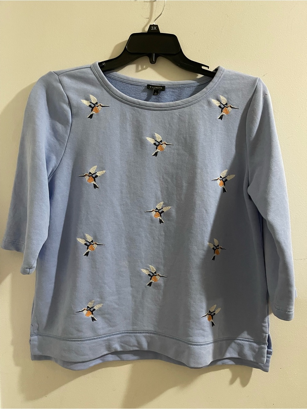 Talbots Light Blue Embroidered Hummingbird Top Size Large